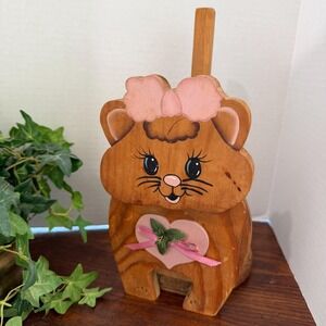 Vintage Wooden Cat Paper Towel Holder Country Kitchen Decor Pink Bow Folk Art
